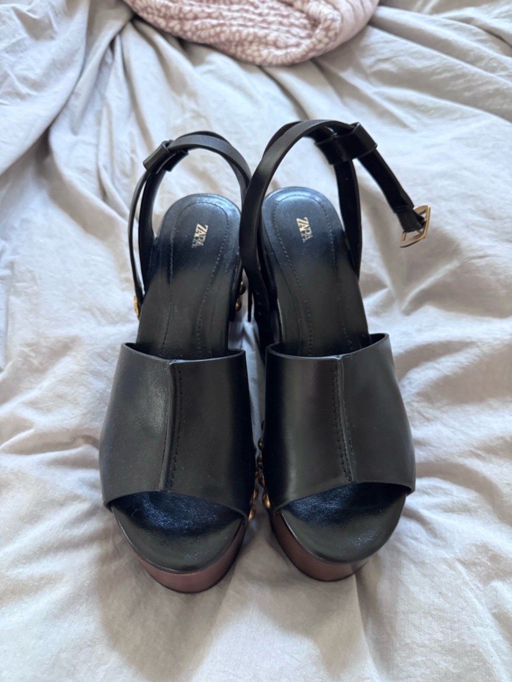 Zara Black Leather Platform Slingback Sandals with Gold Chain Accent